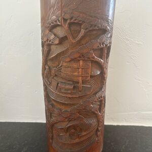 Vintage Chinese 11” Hand-carved Bamboo Brush Pot Vase W/ Boats